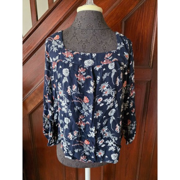 Lucky Brand Floral Blouse L/S Bohemian Style Navy & Red Womens L Cropped - Picture 1 of 7